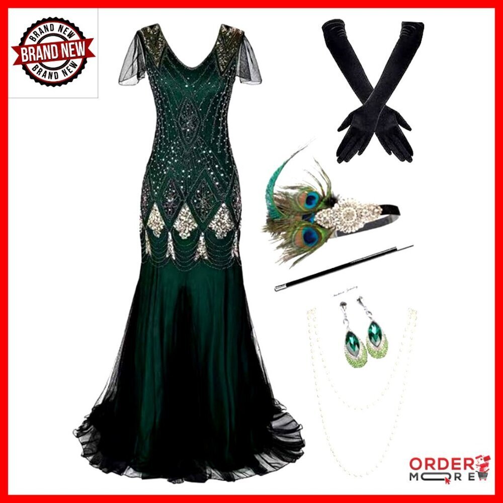 Plus Size 1920s Vintage Fringed Sequin Flapper Cocktail Dress with Accessories
